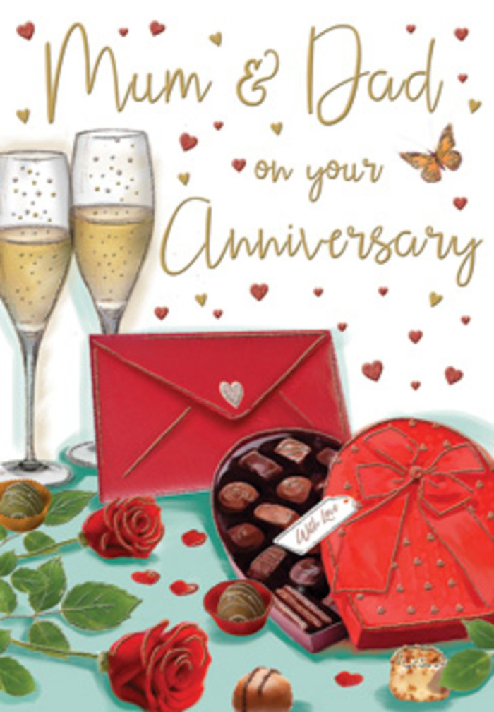 Warm, indulgent anniversary card artwork portraying a richly detailed celebration scene that feels at home in Biggin Hill's close-knit community. On a softly textured tabletop, two elegant champagne flutes stand shoulder to shoulder, their clear glass catching subtle reflections while golden champagne fizzes inside, each tiny bubble adding a sense of movement and anticipation, as though a toast between Mum & Dad is just about to begin. Nearby, a luxurious heart-shaped box of chocolates is opened wide, its deep red lid with a generous satin bow pushed back to reveal carefully arranged chocolates, each one darker and shinier than the next, like small promises of shared sweetness at the end of the evening. Resting alongside, a pair of sumptuous red roses anchors the scene, their velvety petals lush and full, surrounded by glossy green foliage that suggests they've just been chosen by an experienced florist after a delivery on the slopes above Biggin Hill. Scattered chocolates add a playful, informal touch, as though someone could not resist reaching in for a taste, while a scattering of tiny golden and crimson hearts drifts through the background, framing the Mum & Dad sentiment with a cloud of affection. A vivid scarlet envelope, sealed and slightly overlapping the chocolates, hints at tender, handwritten words inside-perhaps a message recalling years spent raising a family, celebrating milestones, and enjoying simple weekends around Biggin Hill and nearby villages. Gentle, ambient light bathes the composition, creating soft highlights on glass and satin and a warm glow on the roses' petals. The entire scene radiates a feeling of gratitude, togetherness, and enduring romance, like a snapshot of an anniversary evening cherished behind many local front doors.
