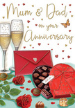 Illustrated anniversary card scene that feels like a heartfelt toast to parents in Biggin Hill, rendered in rich reds, golds, and soft, inviting tones. At the heart of the artwork, two slender champagne flutes stand close together on a table, filled with pale, golden fizz, each bubble catching the light as if echoing laughter and shared stories. Just to the side, a heart-shaped box of chocolates lies invitingly open, its deep scarlet lid and voluminous red bow arranged so the viewer can see neat rows of glossy truffles inside, poised for indulgent sharing after a family meal. In front, two perfectly formed red roses rest gently on the surface, their petals plush and velvety, layered in romantic spirals, with rich green leaves that mirror the kind of premium stems selected daily by Florist Biggin Hill for local deliveries. Around them, a scattering of loose chocolates and tiny, stylised hearts in gold and crimson float across the design, guiding the eye towards a warm anniversary greeting dedicated to Mum & Dad in softly curved, hand-drawn lettering. A bright red envelope nestles near the chocolates, its closure suggesting a handwritten note inside, perhaps penned after a peaceful walk along Church Road or a quiet afternoon at home. The lighting is gentle and flattering, as though cast by candles or a setting sun, creating delicate reflections on the glass and an almost tangible softness on the roses. Altogether, the imagery captures the essence of a long, loving partnership-sweet, celebratory, and steeped in the comfort of family traditions cherished across Biggin Hill.